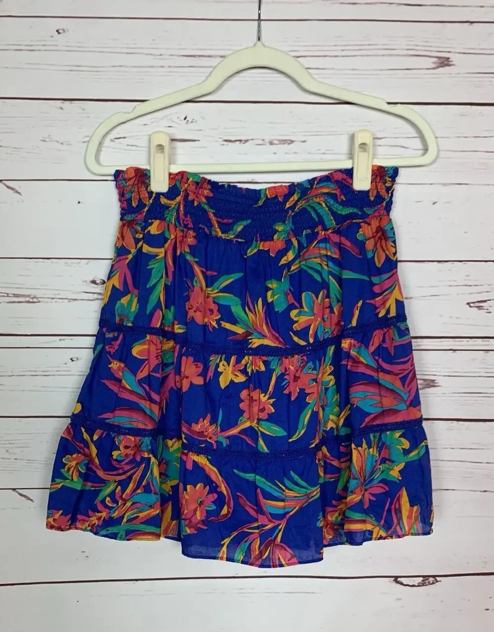 J.Crew Women's S Small Blue Floral Tropical Hawaiin Stretchy Waist Elastic Skirt